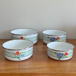 Vintage Regency Club Enamelware Nesting Bowls Set of 4 Floral Trellis White
